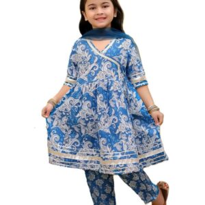 superminis Girls Cotton Floral Printed Angrakha Gotta Patti Kurti Pant Set with Net Dupatta