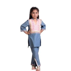 Denim Round Neck 3/4 Sleeves Solid Regular Denim Kurti with Pant For Baby Girls