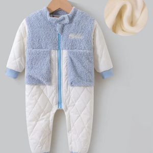 Kookie Kids Full Sleeves Front Open Winter Wear Fur Romper with Text Embroidery - Light Blue