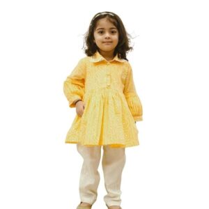 Cotton Round Neck Full Sleeves Printed Regular Bhandhej Peplum Kurti Set For Baby Girls