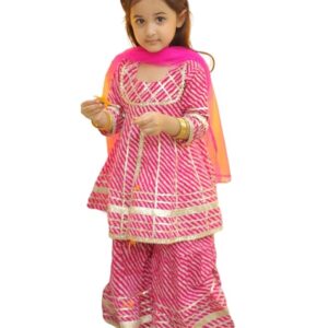 BownBee Girls Cotton Leheriya Print Kurta Sharara Set with Dupatta, Leheriya Ethnic Wear for Every Occasion