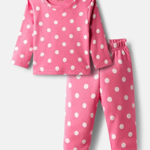 Babyhug Cotton Knit Full Sleeves Co-ords Night Suit with Polka Dot Print - Pink