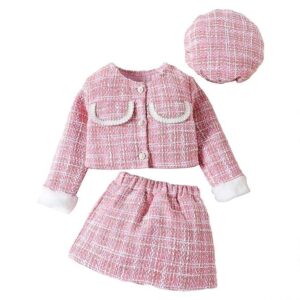 TASLAR Kids Toddler Jacket Baby Girls Suit Furry Patchwork Coat + Skirt + Beret 3Pcs Long Sleeve Shirt Tops Skirts Hat Sets Kids Casual Fashionable Party Dress