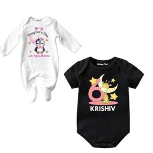 My 1st Daughter's Day Baby Jumpsuit&Babyrobe 6 Months Baby Romper,New Born Baby Customised Name Baby Dress for Girl, Combo Set -