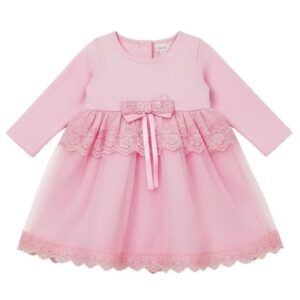TBM Girls Cotton Frock Dress | Baby Pink Plain Outfit with Lace and Bow | Long Sleeve Baby Girl Dress