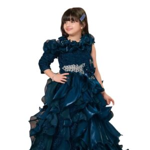 Kids-Girls Organza Woven 3/4th Sleeves Multi Layered Velvet Furr Bodice Embellished Party Gown-Teal