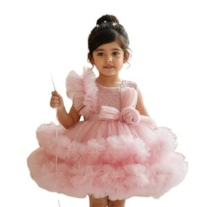 Baby Girl's Light Pink Ruffled Tulle Net Party Dress | Princess Frock Gown for Birthday, Wedding, Photoshoot | Knee Length Fancy Wear