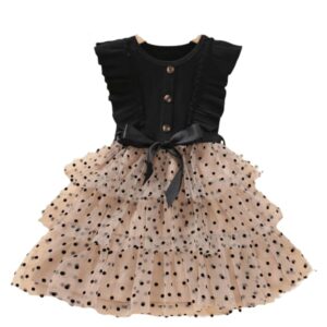 TAGAS Toddler Girls Polka Dot Ruffle Trim Belted Mesh Dress Floral Pattern Frock for Girls (KD-1015)