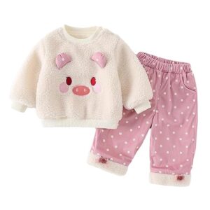 Hopscotch Girls Full Sleeves Beige 2-Pc Animal Applique Sweatshirt & Pants