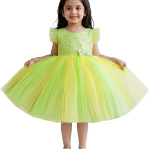 Stanwells Kids Baby Girls Peacock Blue Birthday Net Frock with Colorful Flower Embroidery | Sleeveless Knee-Length Dress with Ruffle Pattern | Flared Fancy Outfit Gift for Daughter