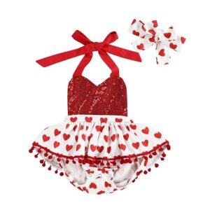 Newborn Baby Girl Valentine's Day Outfit Flutter Sleeve Heart Print Tutu Romper Dress Headband 2Pcs Clothes Set