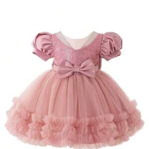 Niren Enterprise Rollar Frock net Embroidery Work Ruffle Patterned Flared Short Sleeve Girl Frock, Pack of 1