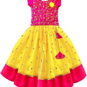 Stanwells Kids Girls Yellow & Pink Combo Lehenga Choli Set | Flared Readymade Dress with Sequins Embroidery | Traditional South Indian Outfit