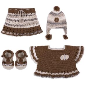 Handmade Crochet Knitted Brown Crop Frock Sweater Set with Skirt Cap Shoes for Baby Girls Wedding New Born Showers Photography 0-24 Months.