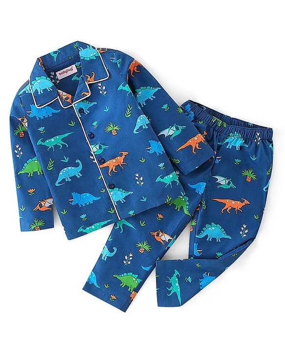 Babyhug Cotton Woven Full Sleeves Night Suit With Dino Print - Blue